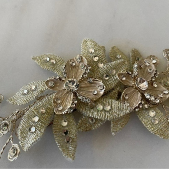 Wedding Hair Clip with Crystals, Metallic Flowers & Leaves - Picture 3 of 12